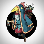 girl wearing a bird coat with potion and backpack full of mushrooms drawing