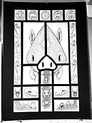 Ink pen drawing of a wooden pig mask above are 5 iron age coins to the sides are carnyx below are pots of coins