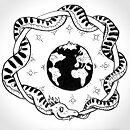 A snake coiled around a ring around the earth ink drawing