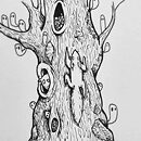 A squirrel climbing a tree filled with little tree spirits ink drawing