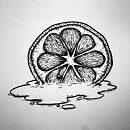 A cross section of an orange with lots of juice coming out ink drawing