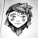 woman face with pointy hair and triangle earrings ink drawing