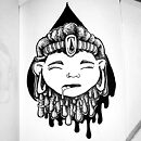woman face with drooling mouth and hair in the shape of water drops ink drawing