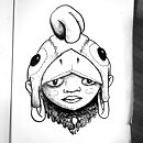 woman face wearing a chicken har and big loop earrings ink drawing