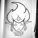 elf woman face with flame shaped hair smiling with coals underneath ink drawing
