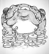 frog on a pile of money with money coming from it's mouth drawing